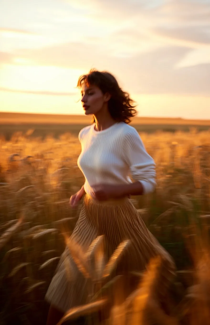 Editoriale moda in un campo di grano, generato con l'AI