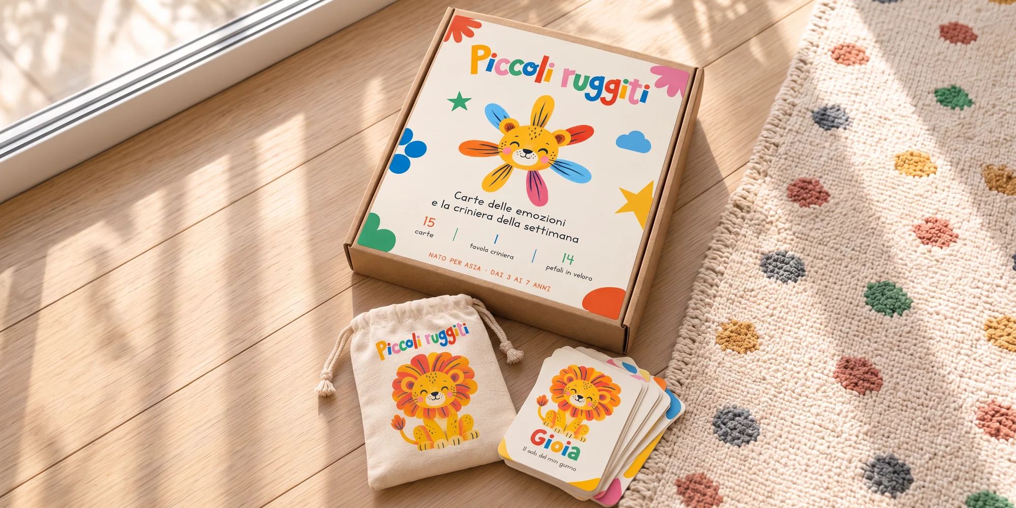 Piccoli ruggiti, la scatola del kit con il sacchetto delle carte sul pavimento di legno