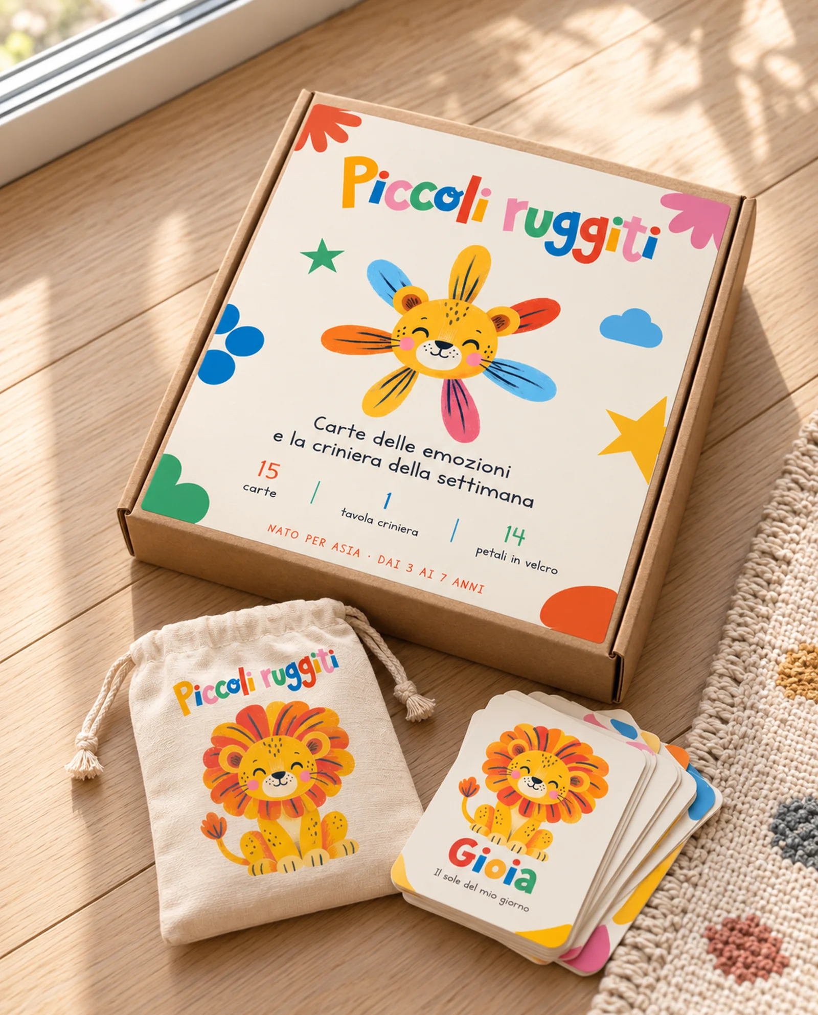 Piccoli ruggiti, la scatola del kit con la leoncina e la criniera colorata