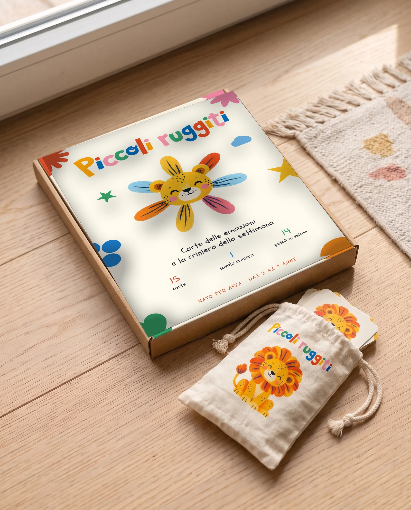 Piccoli ruggiti, la scatola del kit con la leoncina e la criniera colorata